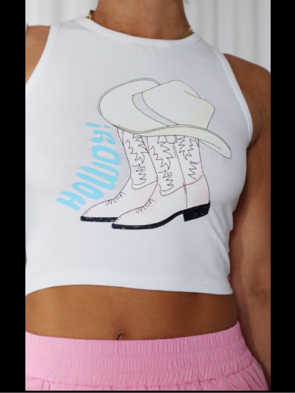 White Graphic Cowboy Boot & Hat Crop Tank Top